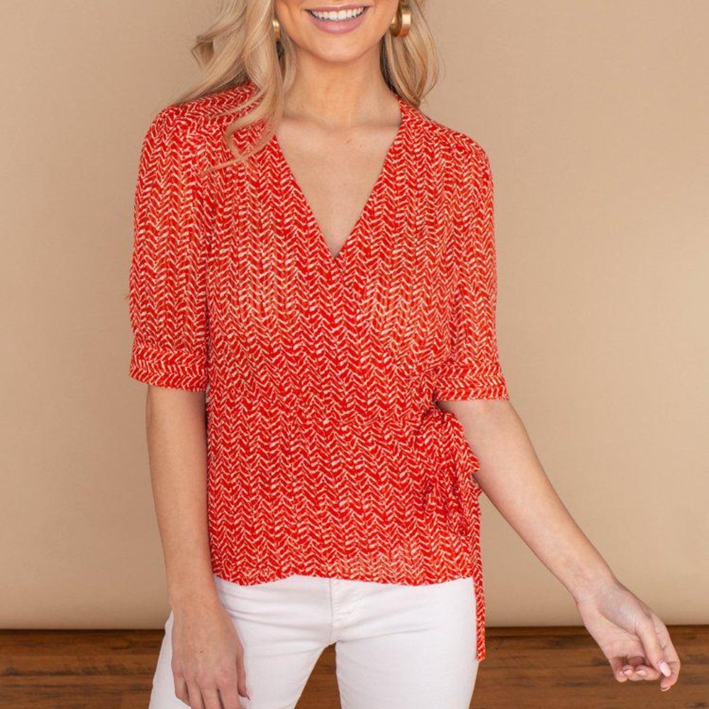 TODAY ONLY ✨SEE YOU SOON Red Sheer Light Grove Printed Sleeve Wrap Side Tie Top